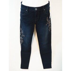 KUT From The Kloth Blue Dark Wash Gray Floral Embroidered Skinny Jeans, Size 6